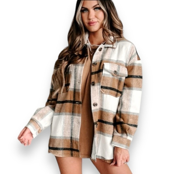 Plaid Button Up Shacket Shirt Women’s Size Small Camel, White, Grey & Black - Picture 1 of 10